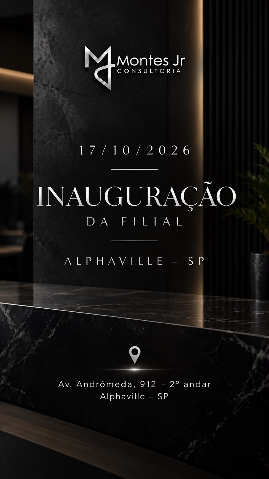 Convite de inauguração da filial da Montes Jr Consultoria em Alphaville – 17/10/2026